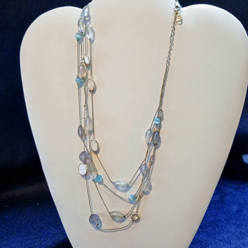 Multi Layered Tiered Silvertone 4 Stand Station 11"L/22" Necklace Blues Whites